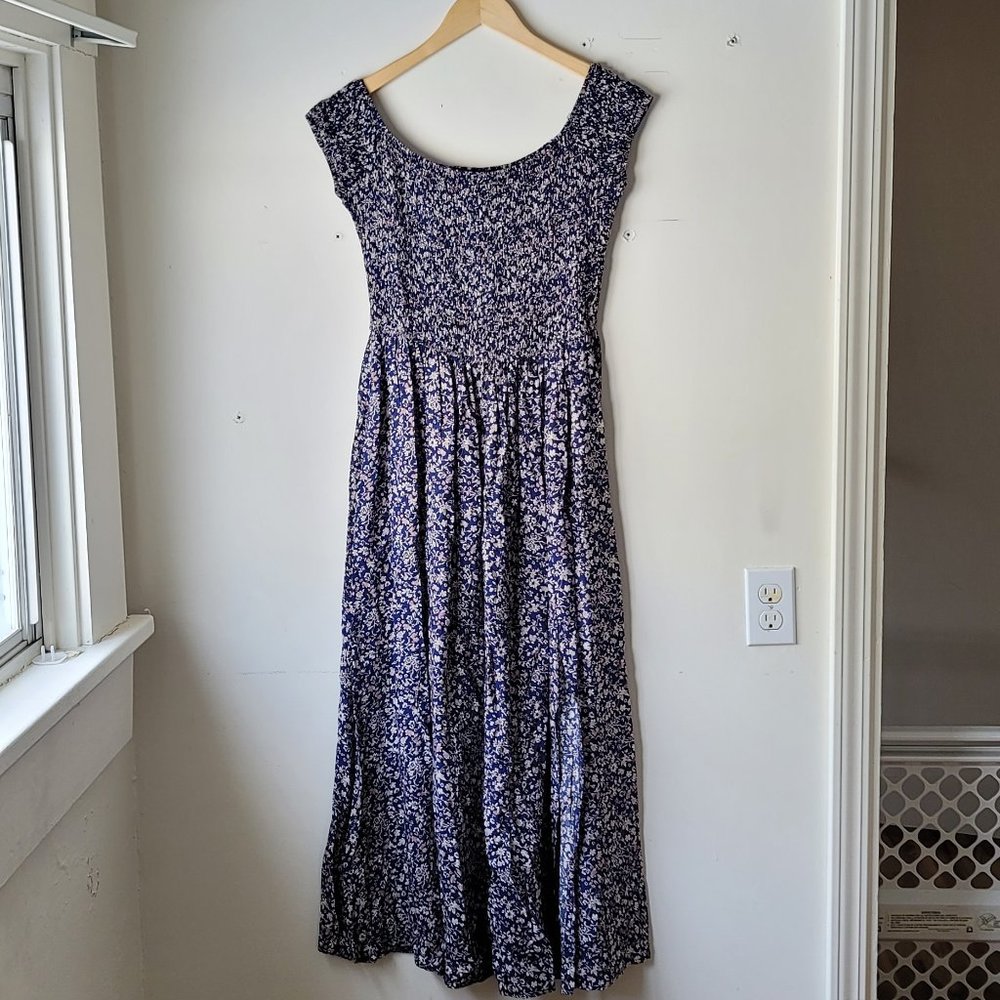 Blue & White Floral Maxi Dress with Slit